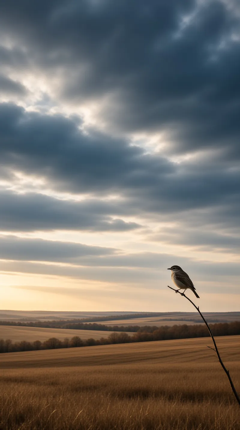 A small bird rests on a lone twig against a vast landscape of fields and dramatic sky.
