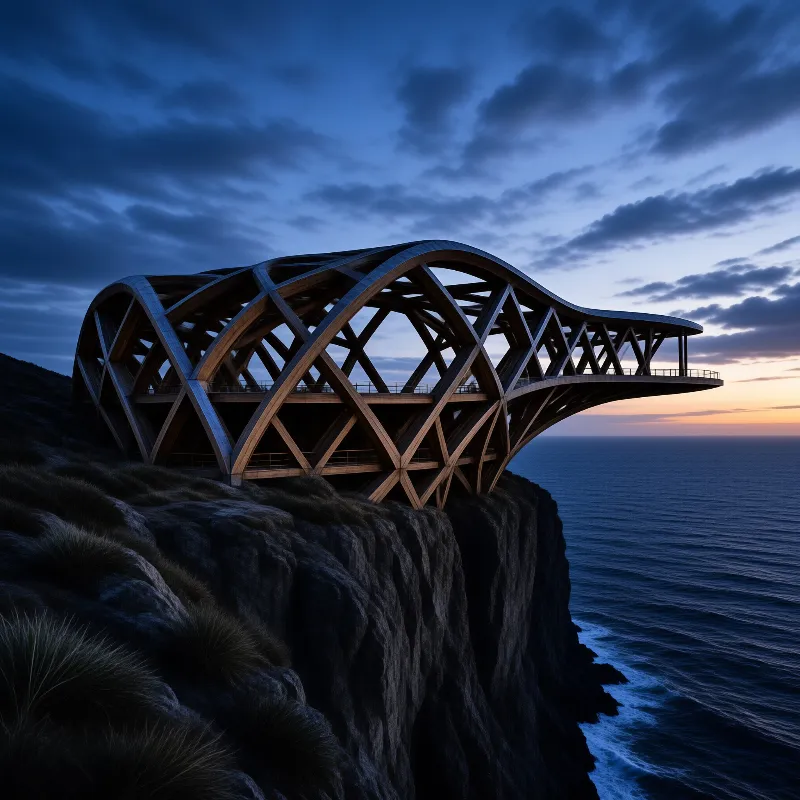A large wooden lattice structure sits on a dark rocky cliff overlooking the ocean during twilight.