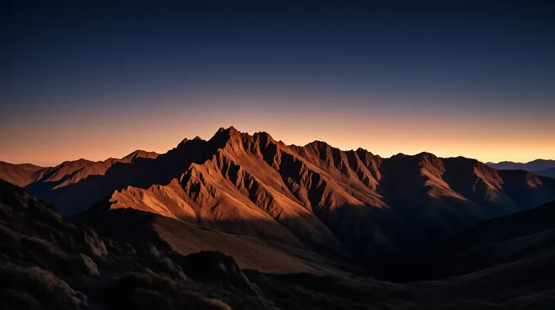 Jagged mountain peaks bathe in orange twilight with shadowed foreground slopes.