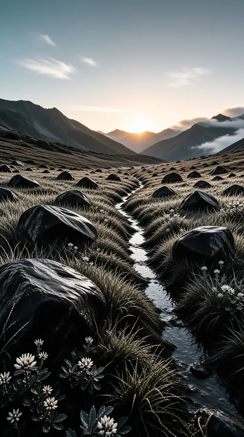 A winding stream flows between dark rocks and grassy hills as the sun rises over distant mountains
