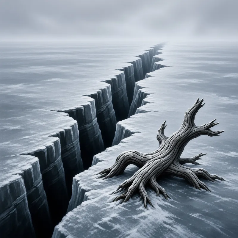 A twisted bare tree rests upon a misty frozen plain split by a deep dark geometric fissure.