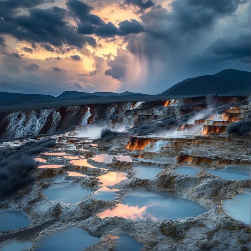 Layered mineral pools with glowing steam reflect a dramatic sky with dark clouds and golden sunlight in a highland terrain.