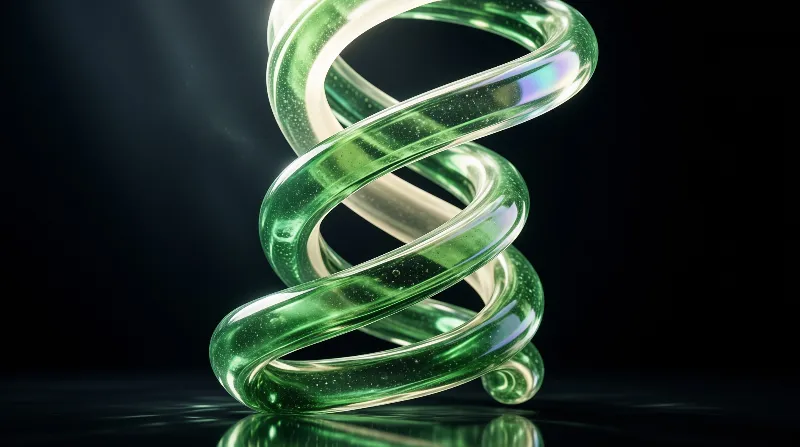 A translucent green helix made of bubbly glass-like material spirals upward against a black background with bright reflections.