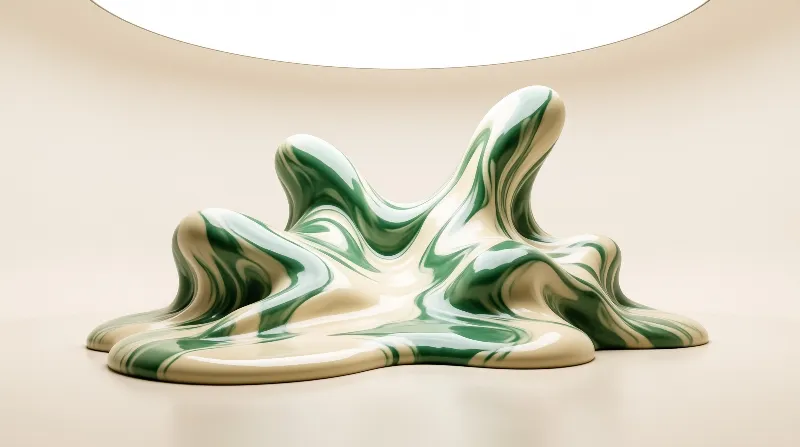 A smooth glossy sculpture with green and cream swirls sitting on a beige surface.
