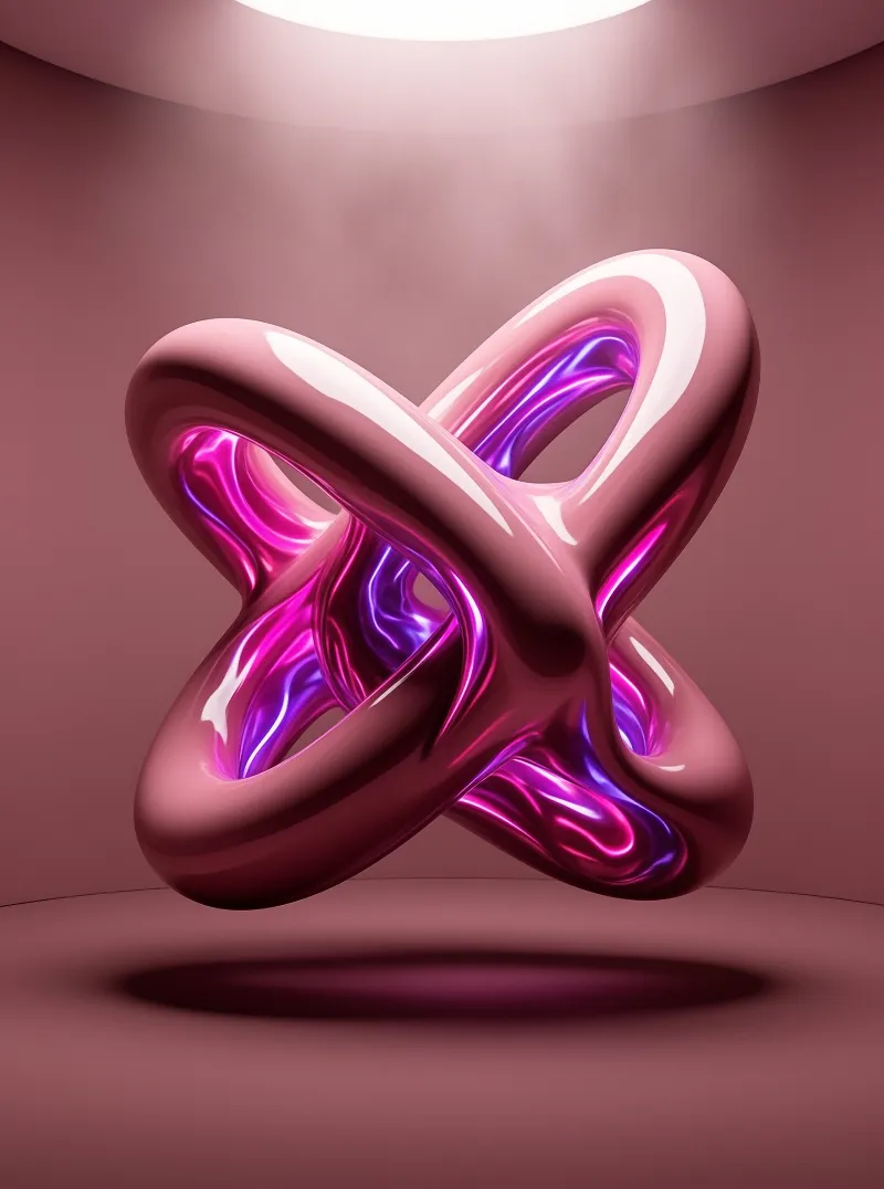 A twisted metallic form with magenta reflections hovers above a seamless pink surface under diffuse lighting.