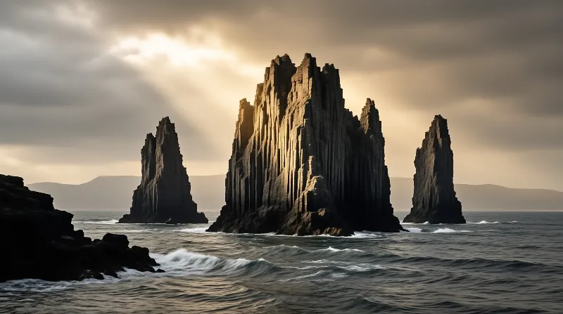 Three jagged rock formations stand in the ocean while sunlight breaks through clouds behind the central pillar.