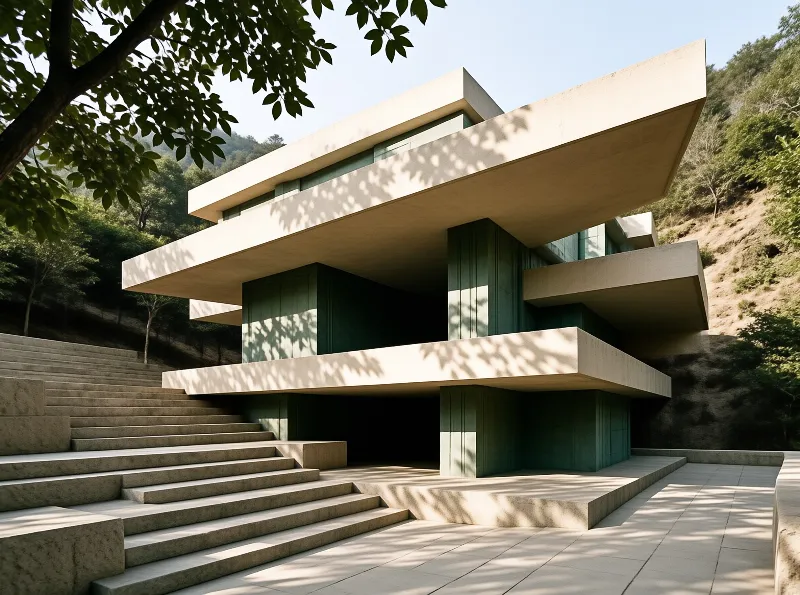A modern building with layered concrete floors and green panels stands against a wooded hill under bright sunlight.