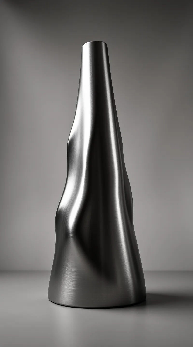 A tall brushed metal object with a curving form stands against a plain grey background with soft lighting.