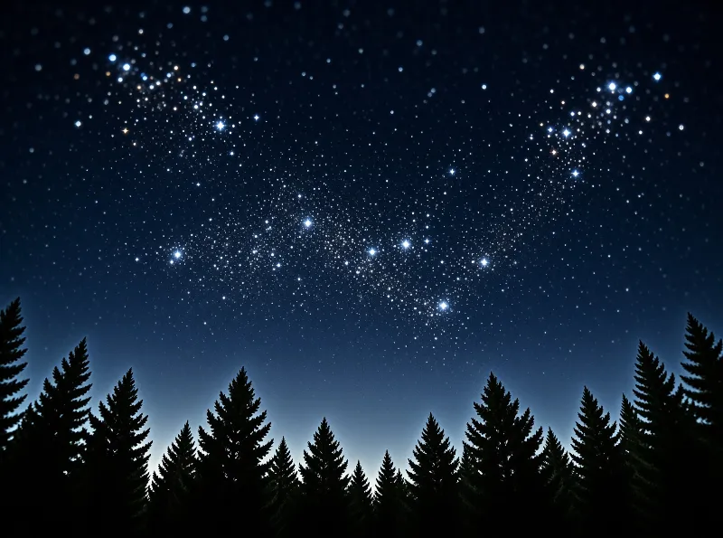 A dense field of bright stars fills a deep blue sky above a row of dark evergreen tree silhouettes.