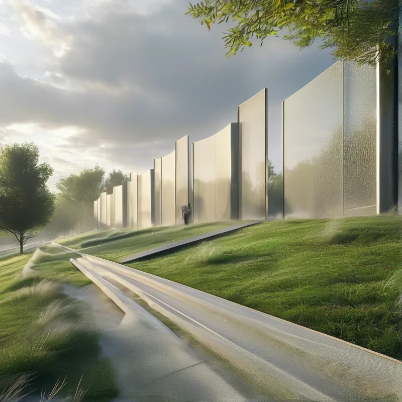 Translucent perforated wall lines a misty wet grass path at dawn, with two tiny figures near it under golden morning light.
