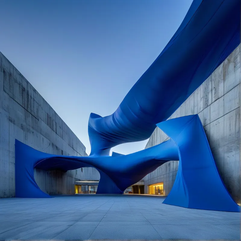 A vast blue textile billows between tall grey walls, its folds catching soft daylight in an empty courtyard.