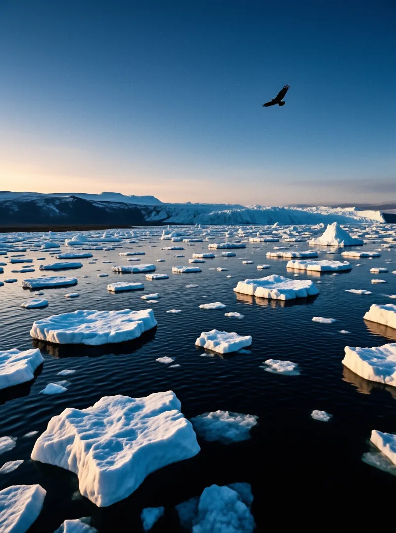 Scattered icebergs drift on deep blue water while a bird soars above a distant snow covered mountain range.