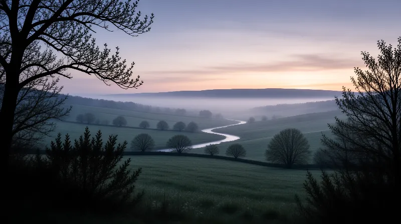 A narrow stream snakes across emerald pastures veiled in low fog as bare trees frame a pastel sunrise