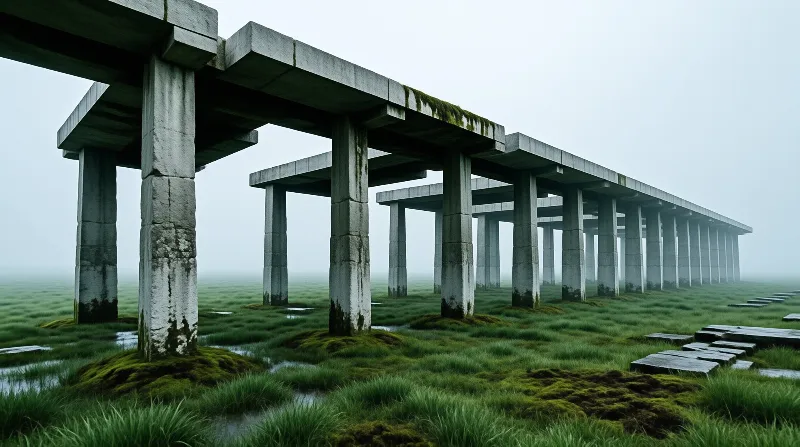 Grey stone columns hold up a heavy slab above a wet grassy plain obscured by thick white fog.