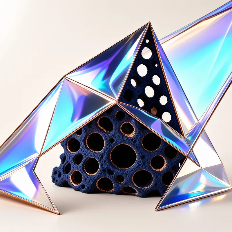 Angular holographic prisms with copper rims enclose a spongy navy mass riddled with round hollow holes.