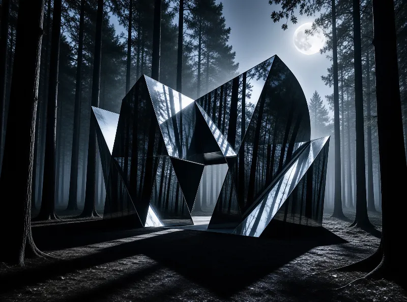 A polished angular mirror sculpture reflects pine trunks and a full moon in a misty moonlit woodland.
