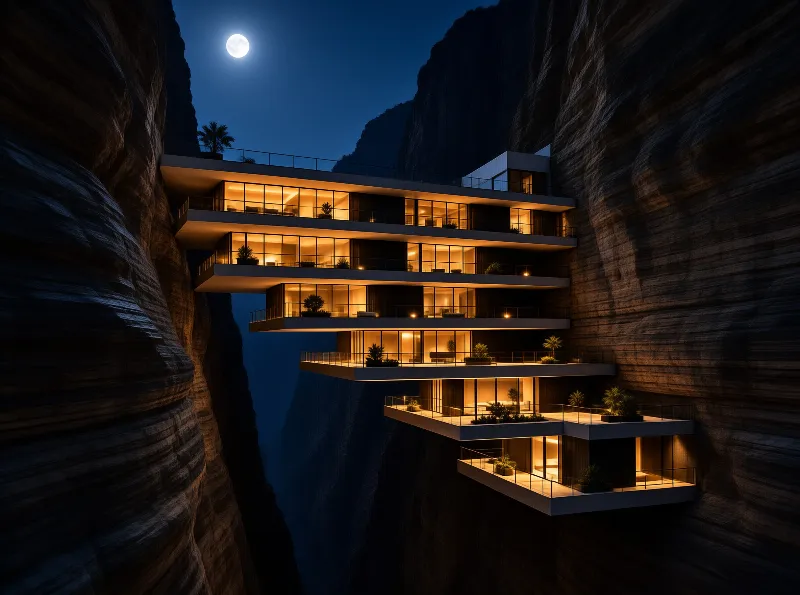 A tiered concrete building is cantilevered into dark canyon walls with warm lights glowing through the glass at night.