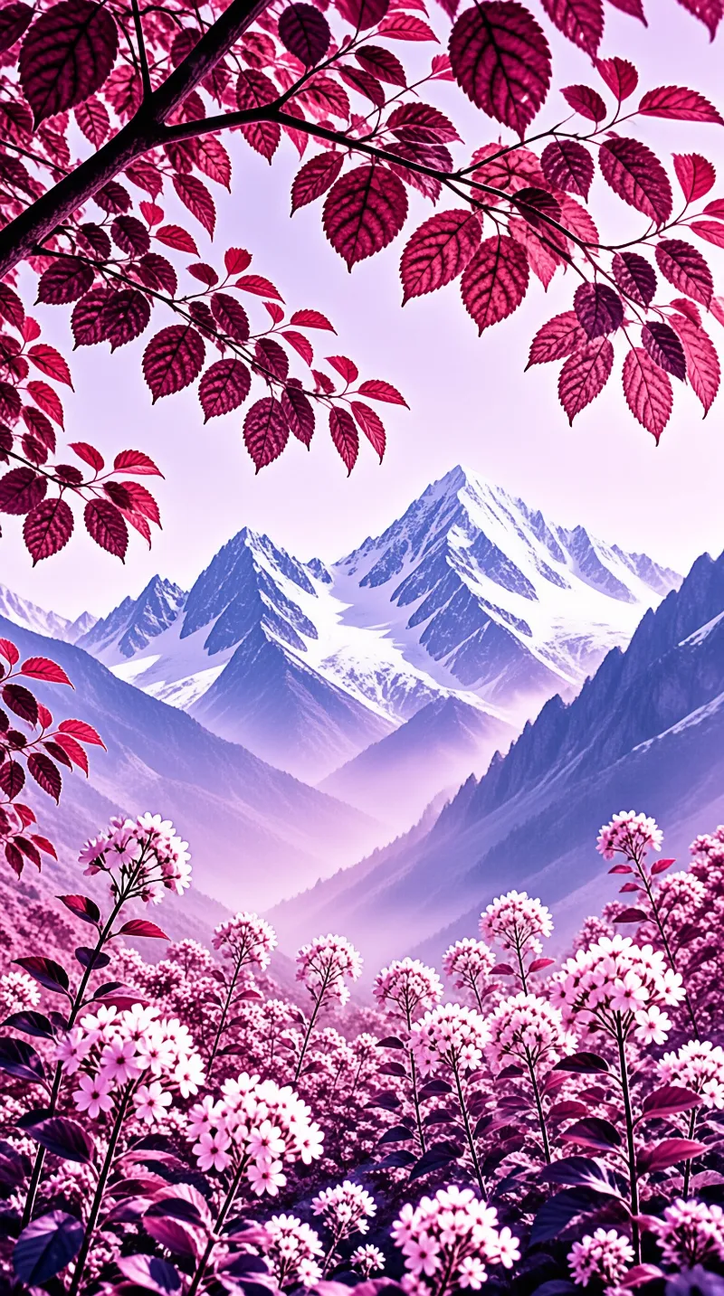 Clusters of pale pink flowers fill a valley while snow-dusted purple mountains rise beneath magenta leaves.