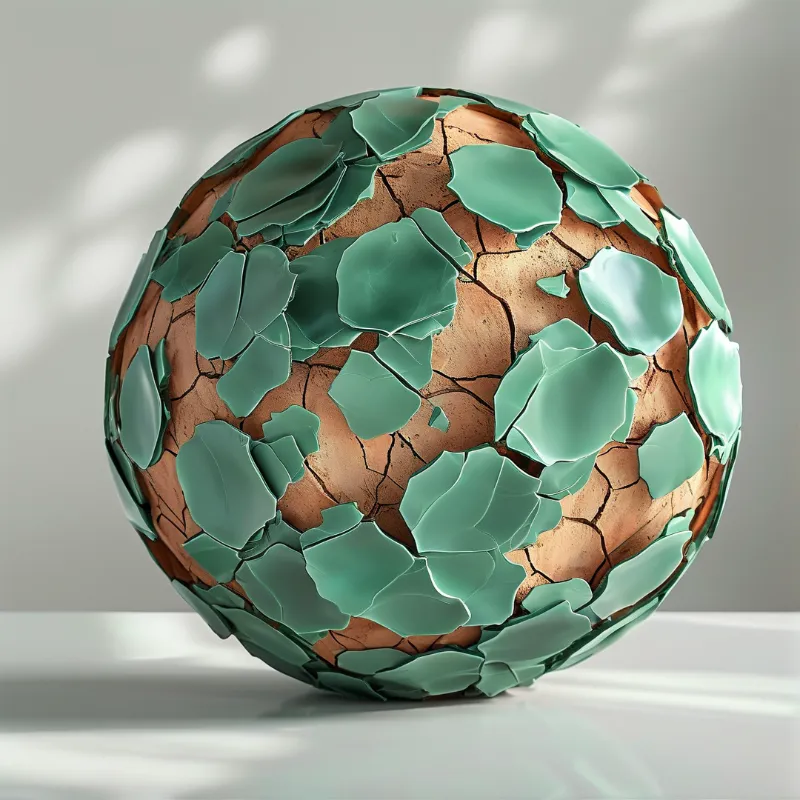 A sphere with a cracked teal shell revealing a brown interior rests on a glossy white surface under soft lighting.
