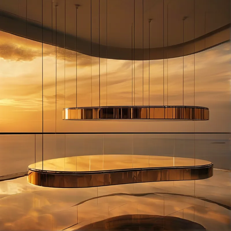 Two shiny metallic discs hang by thin cables inside a spacious hall with walls of glass and warm sunset light.