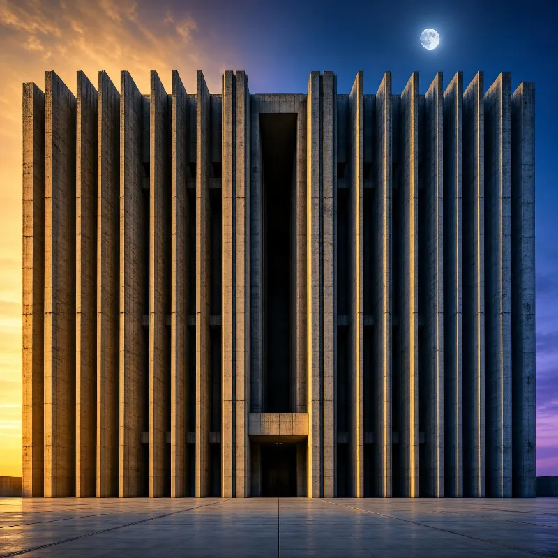 A large concrete building with vertical panels stands under a dual-toned sky transitioning from sunset to night, with the moon visible and warm light highlighting its structure.
