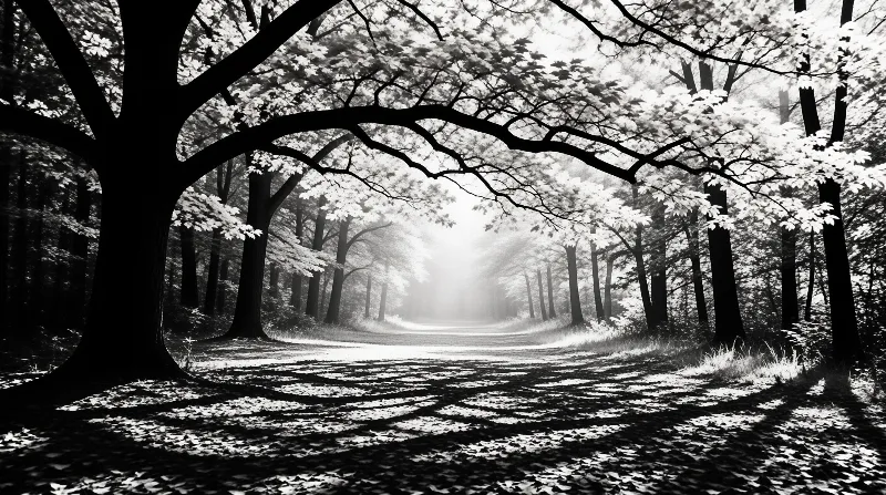 Tall trunks arch over a leaf covered path whose far end dissolves into brilliant light in black and white.
