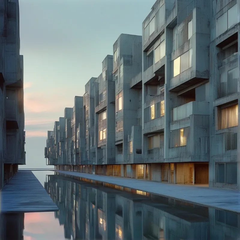 A row of concrete buildings reflects in calm water with warm lights glowing inside against the blue twilight sky.