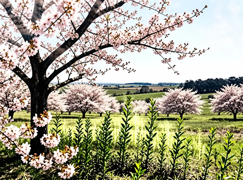 Pink cherry trees bloom across a green field with tall grass shoots in the foreground.