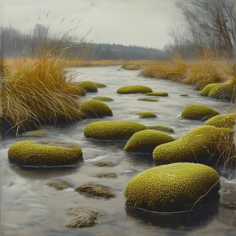 A slow moving stream flows through a wetland area where large rocks are completely covered in vivid green moss, surrounded by tall yellow grasses under a soft overcast sky that creates a calm and muted atmosphere throughout the landscape.