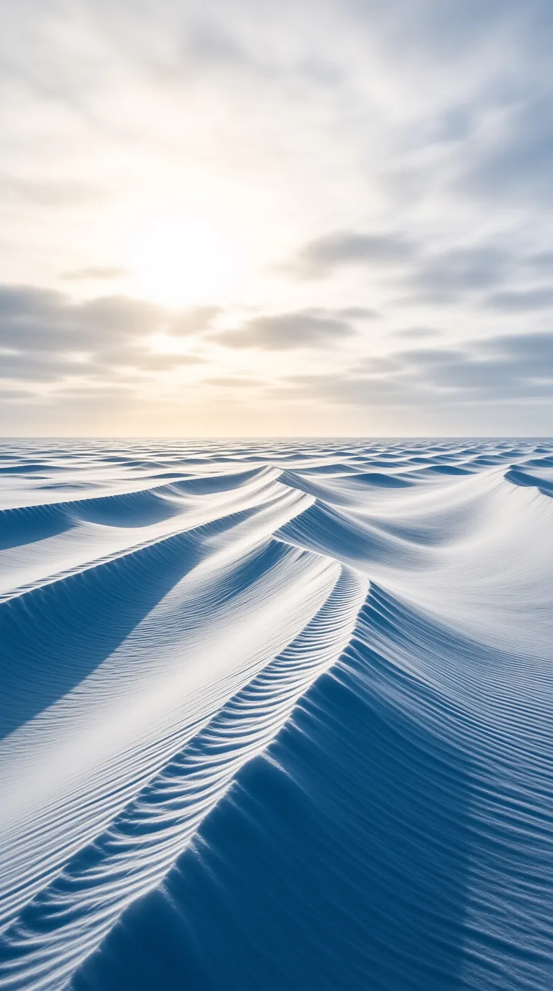 Wind carved snow ripples stretch across frozen dunes in deep blue shadows and white highlights under a low sun.
