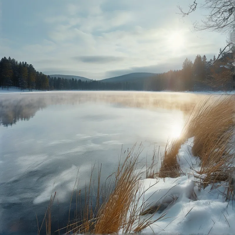 Sunlight glints on a half-iced lake veiled in low mist, with snow at the bank and tall amber reeds in the foreground