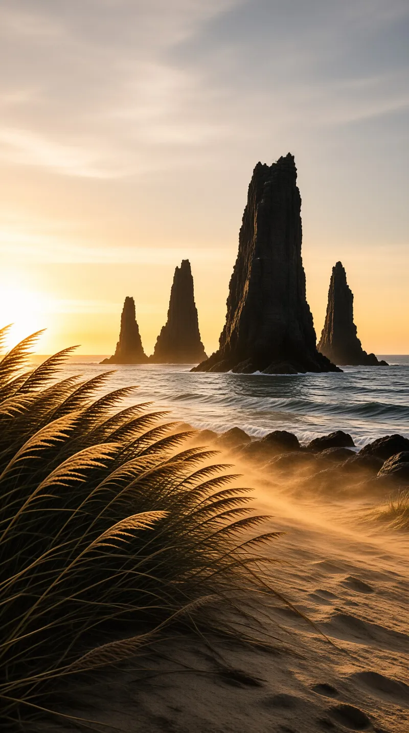 Dark rock pillars rise from rolling surf while golden sun backlights the dune grass.