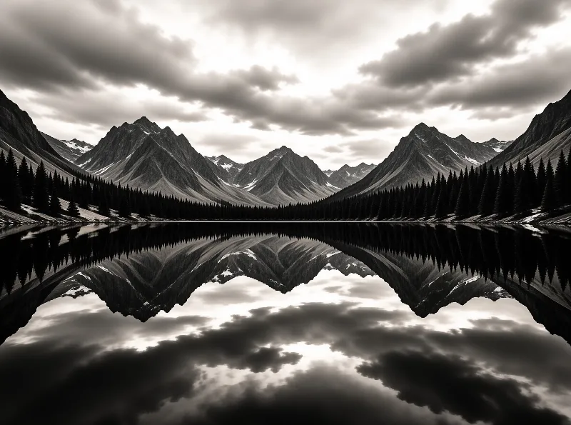 A black and white mountain lake reflects jagged summits and heavy cloud beneath a dark spruce treeline.