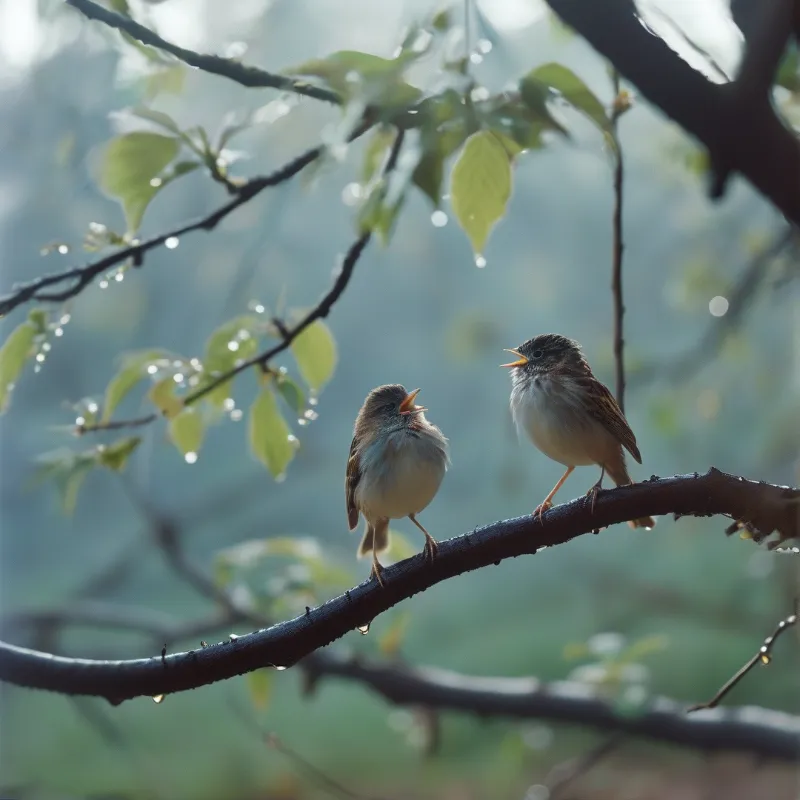 Two small brown birds open their beaks while perched on a dark wet branch surrounded by green leaves and morning mist.