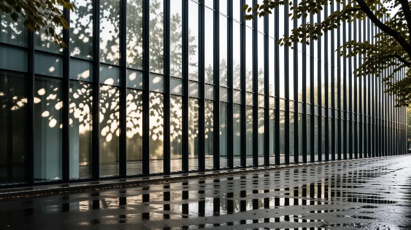 A modern building facade features tall glass windows reflecting wet pavement and dappled sunlight from nearby trees.