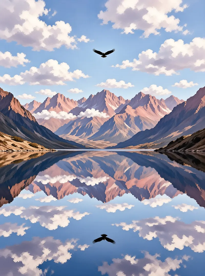 A dark eagle glides above a perfectly still lake reflecting pink blue alpine peaks and puffy cumulus clouds in pale blue sky.
