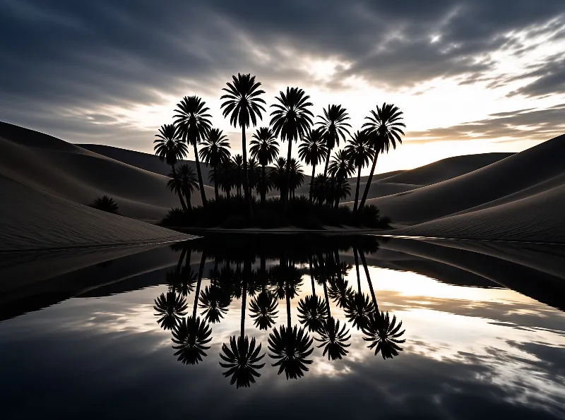 Dark shapes of tropical plants stand against cloudy skies above calm water surrounded by sand dunes.