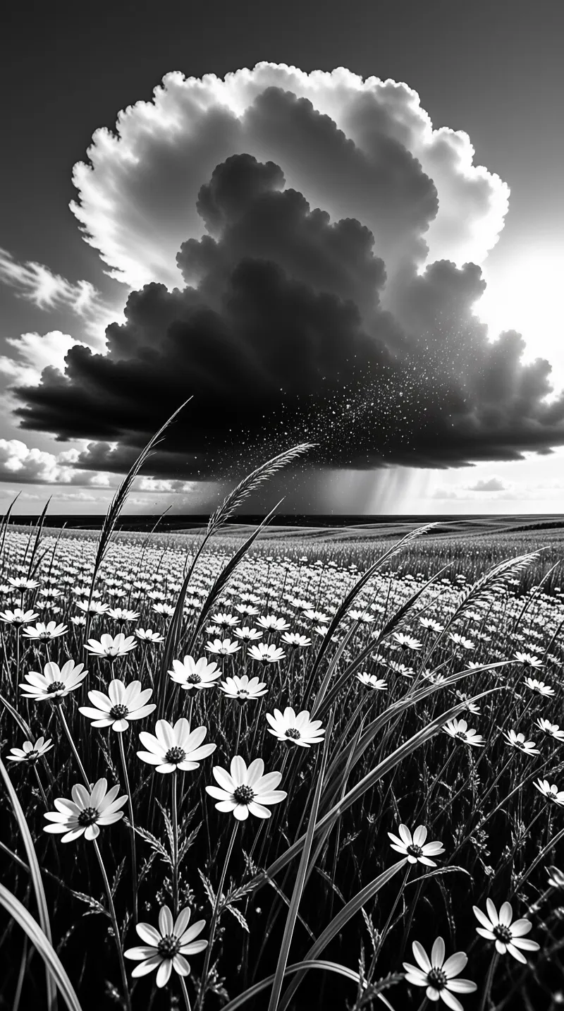 A black and white photograph of a flower field beneath a massive cloud formation with sunlight illuminating its edges.