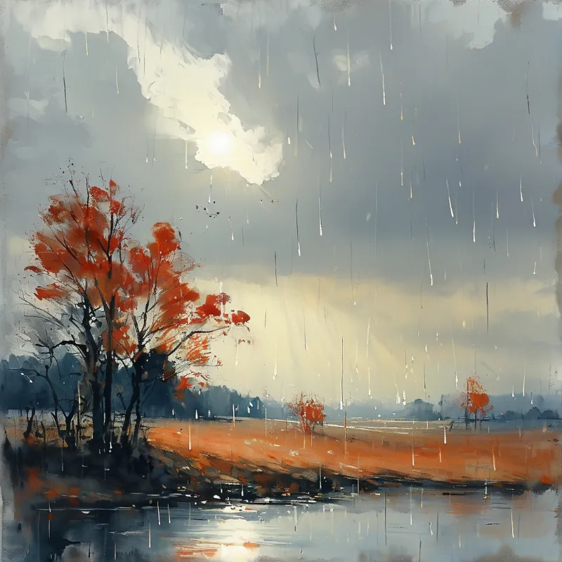 Orange trees stand beside reflective water while rain falls through a cloudy sky pierced by bright sunbeams lighting a brown field.
