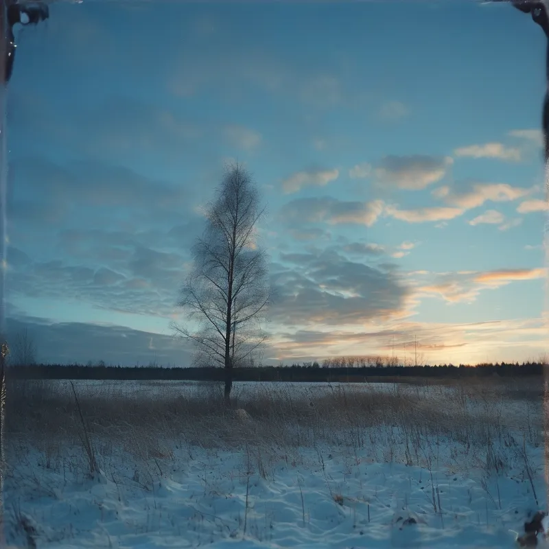 A single leafless tree rises from a frost covered field beneath a soft blue dusk sky with faint pink clouds