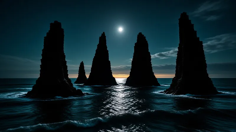 Dark rock formations rise from the sea under a bright moon with faint orange light on the horizon.