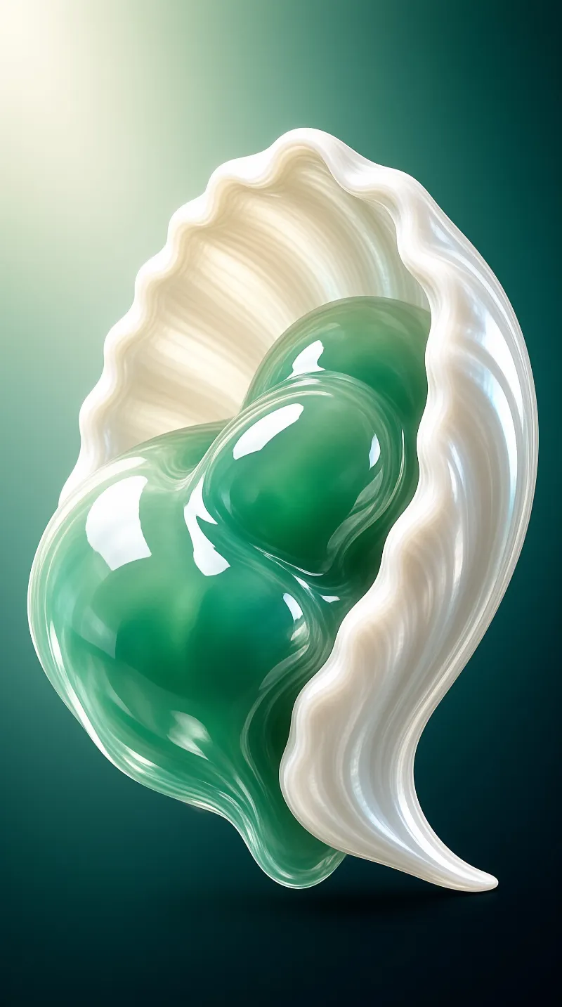 A glossy emerald glass form rests inside an open white shell sculpture against a deep teal gradient.