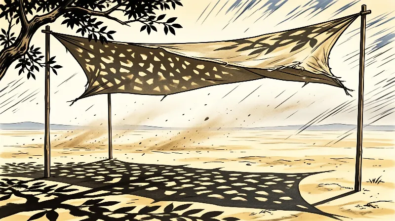 A torn cloth canopy stretched on poles flaps over sandy ground as leaf shadows and wind streaks pattern its surface.