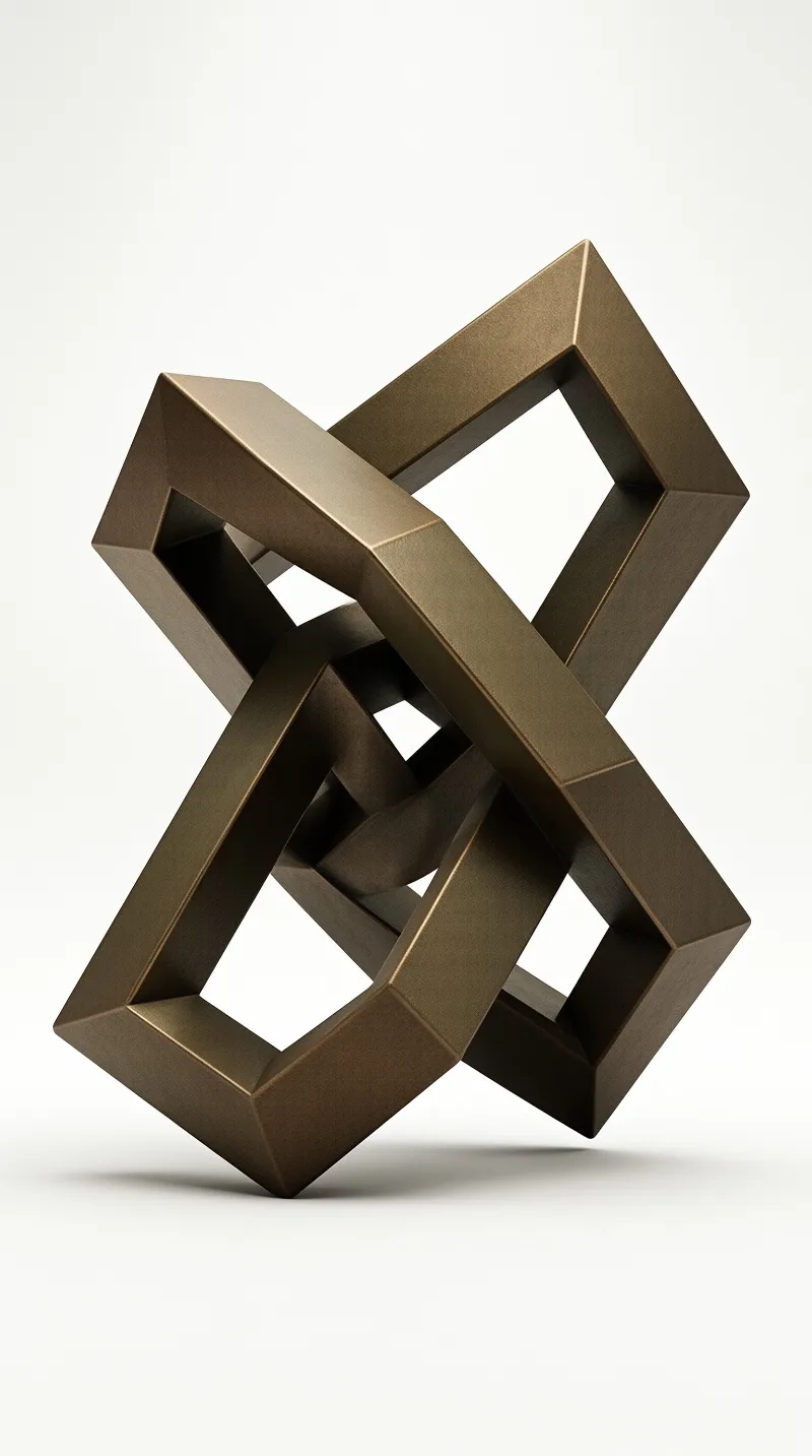Two brushed brass rectangular frames weave through each other and cast a soft shadow on a plain white backdrop.