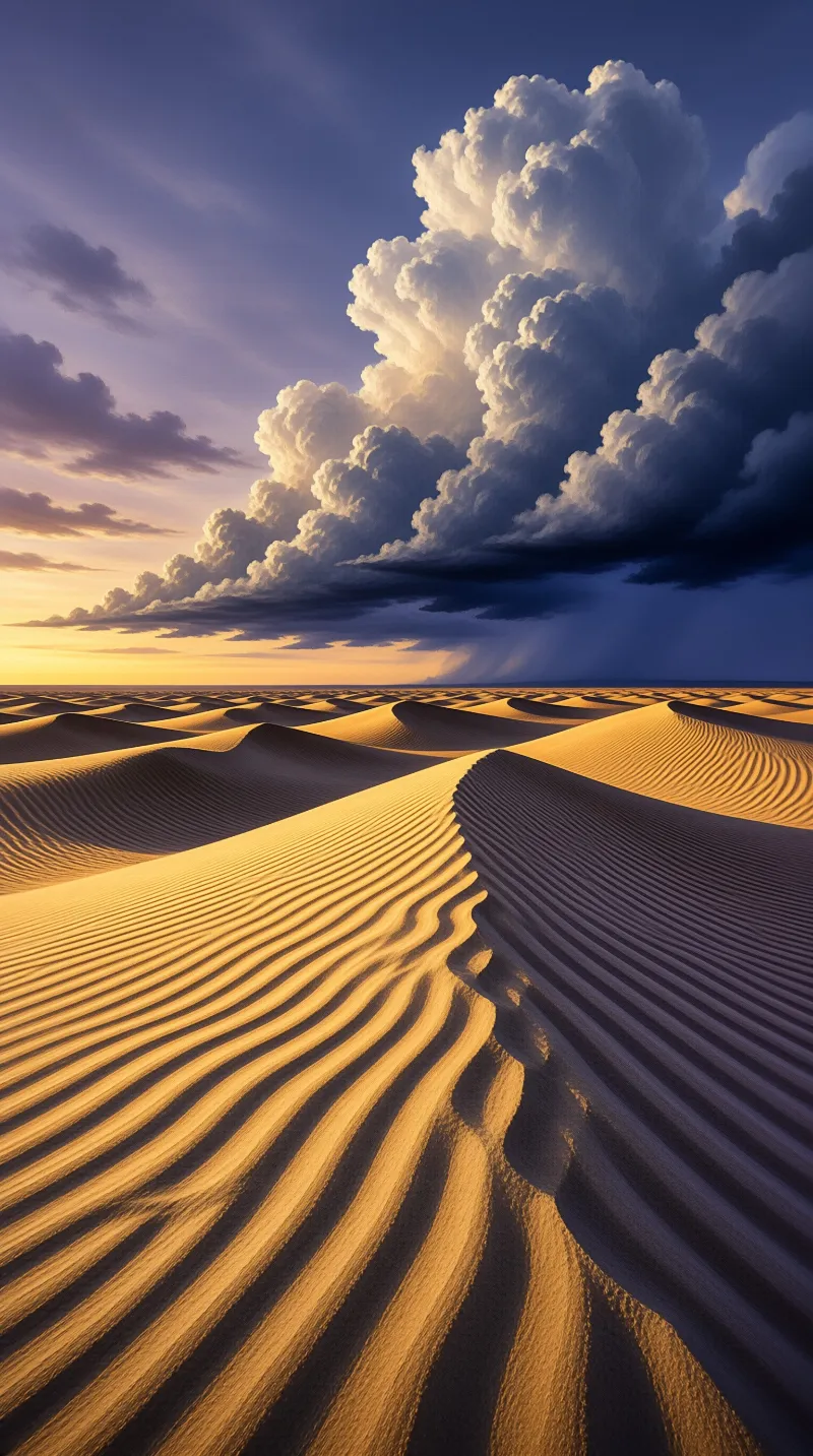 Rippled sand dunes stretch across the desert horizon beneath a massive cumulonimbus cloud lit by warm sunset light.