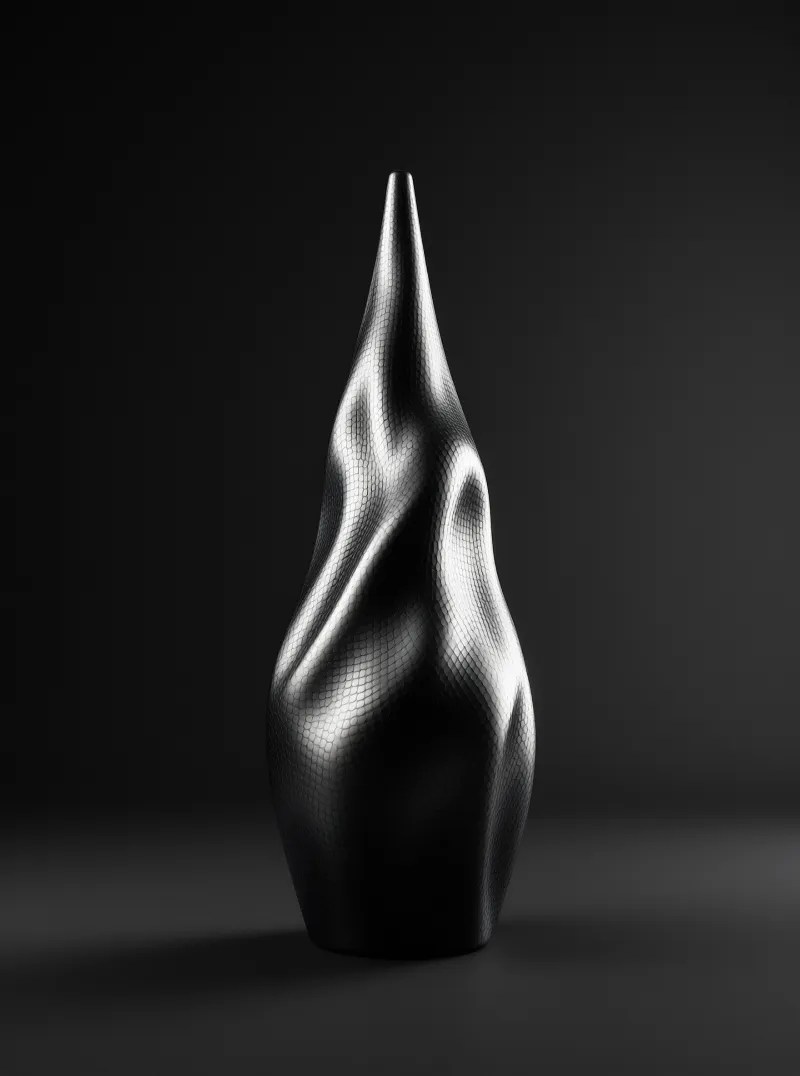 A twisted chrome sculpture with a textured surface stands against a dark gradient background with sharp highlights.