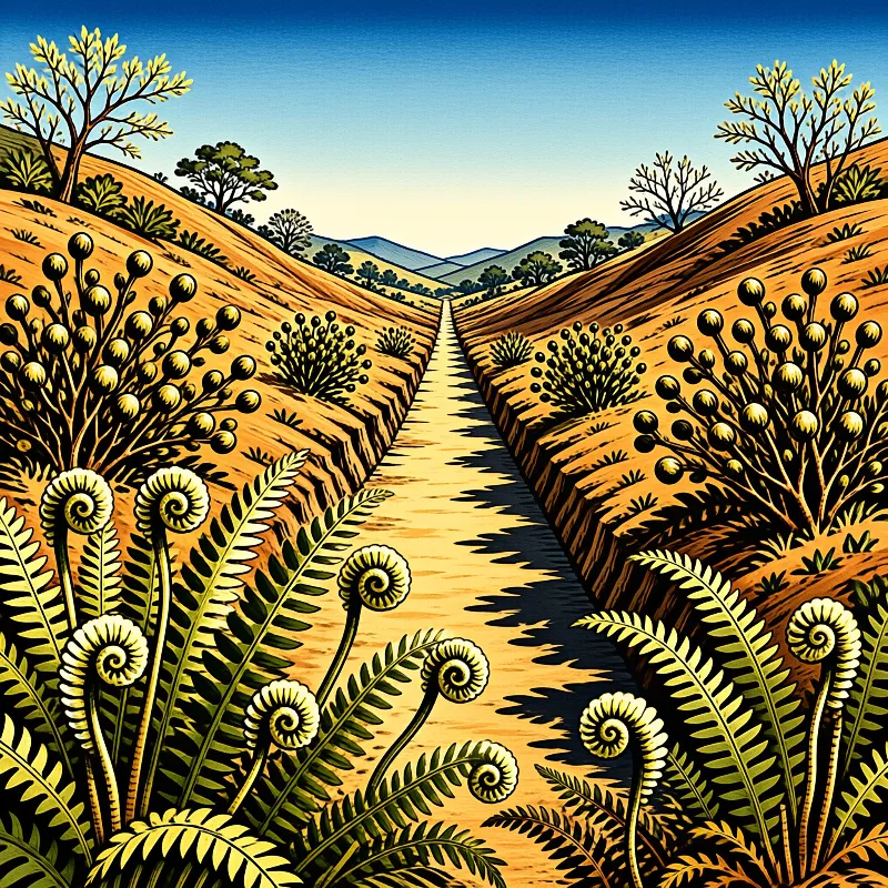 An illustrated trail runs between ferns and globe shaped shrubs toward distant blue ridges in bright sun.