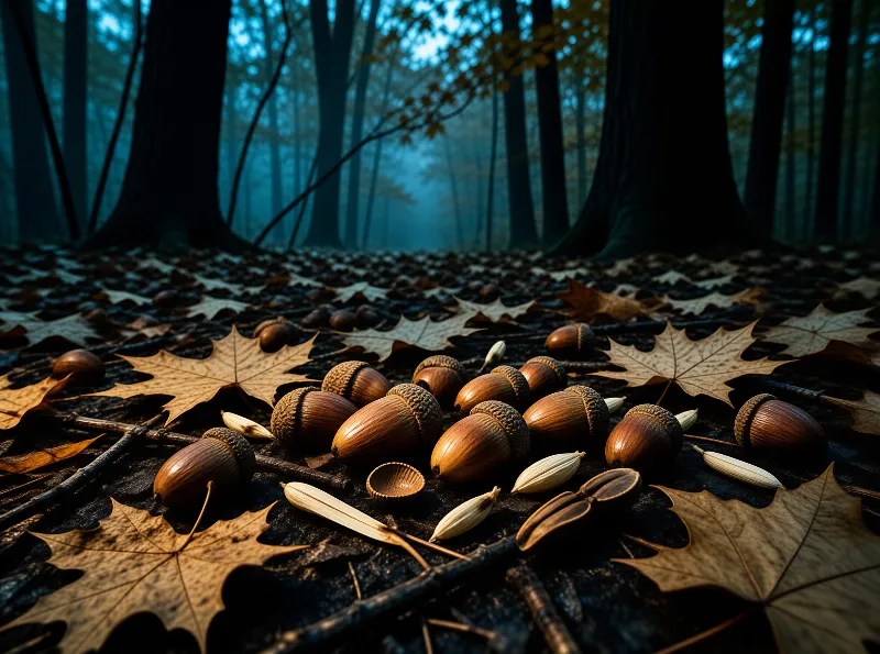 Brown acorns and dry maple leaves rest on the dim forest floor under cool blue misty light seeping between tall dark trees.