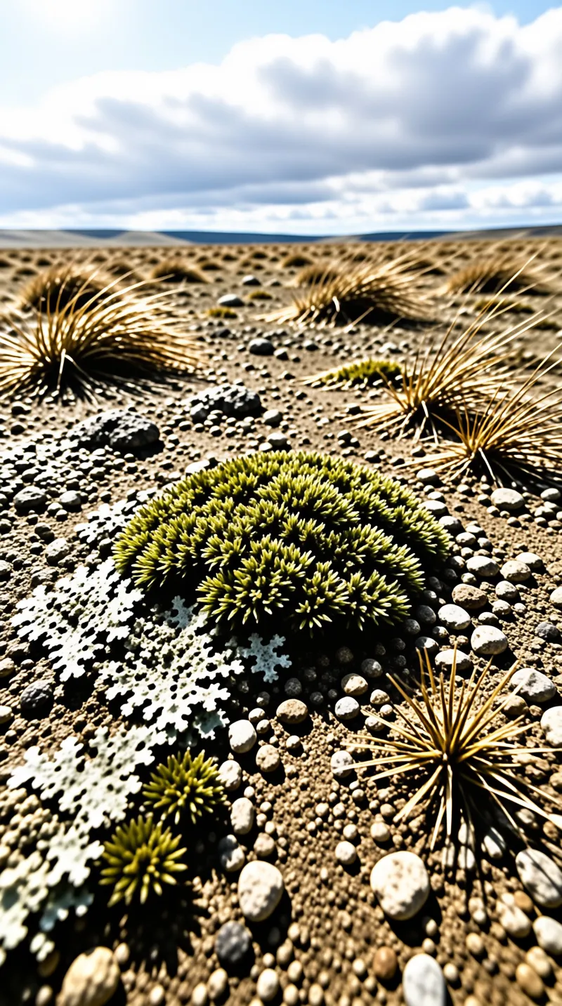Low green cushion plants, pale lichen, and golden tussocks dot a stony plateau beneath drifting clouds.