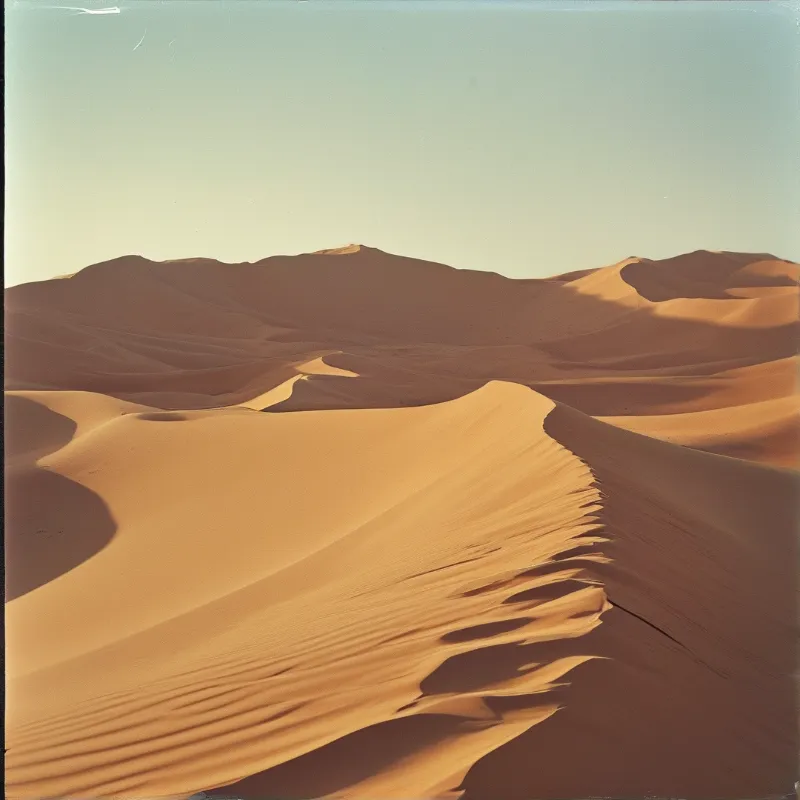 Expansive sandy hills fill the landscape, bathed in warm light that creates strong contrasts between peaks and shadows.